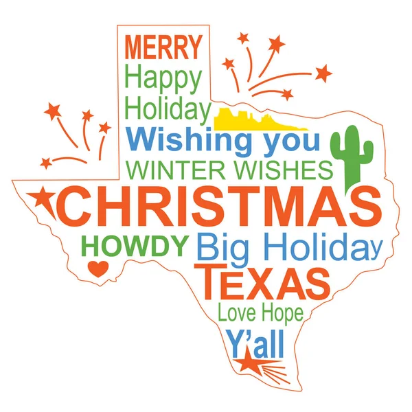 Tarjeta de Navidad de Texas con texto. Cartel de Vector American con mapa — Vector de stock