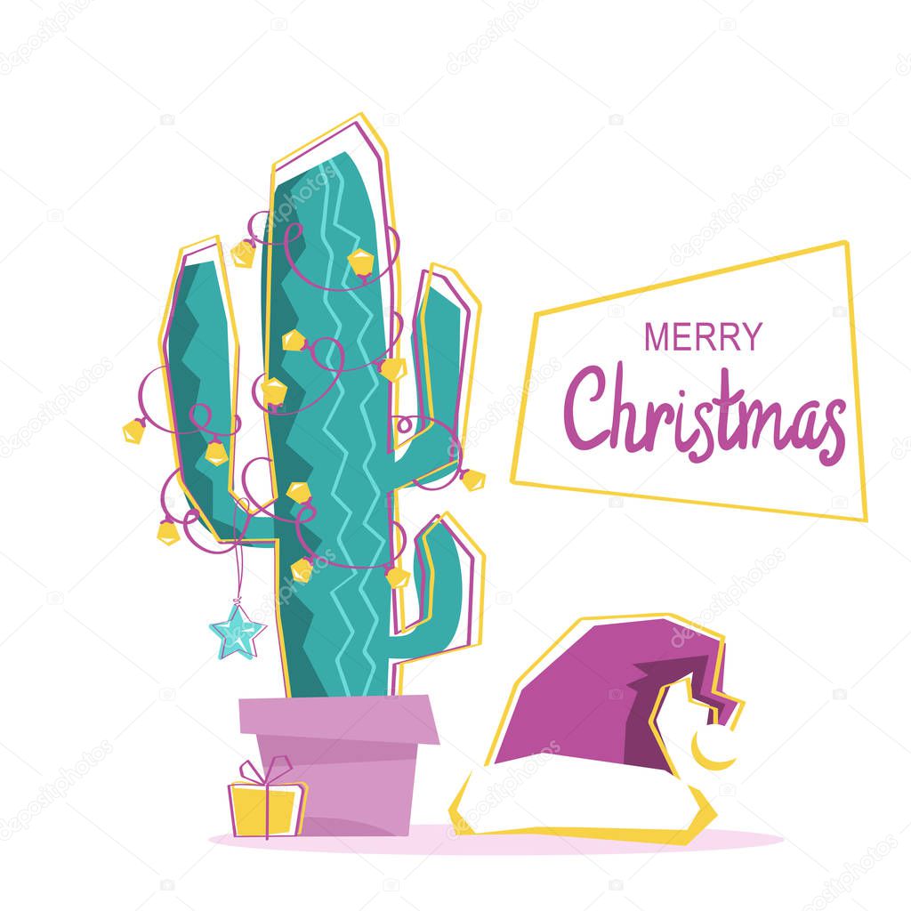 Merry cactus. Vector Merry christmas greeting card with cactus a