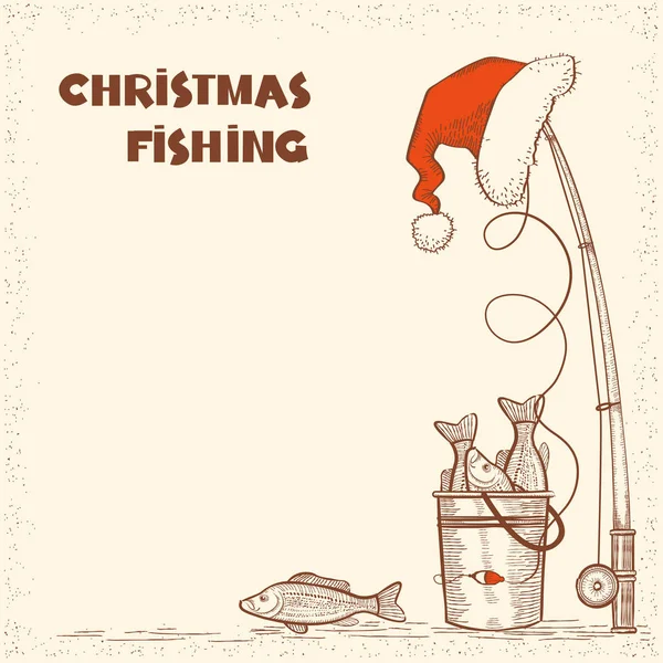 Pesca en la noche de Navidad.Imagen de invierno vintage con tac de pesca — Vector de stock