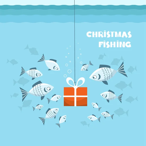 Christmas fishing card. Flock of fish and present gift in sea bl — Stock Vector