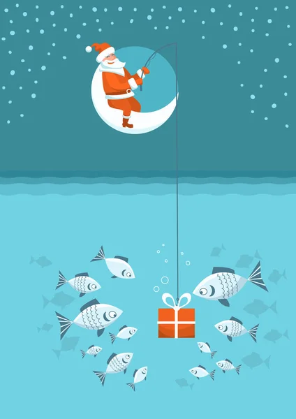 Carte de pêche de Noël. Père Noël avec boîte cadeau pêche assis — Image vectorielle