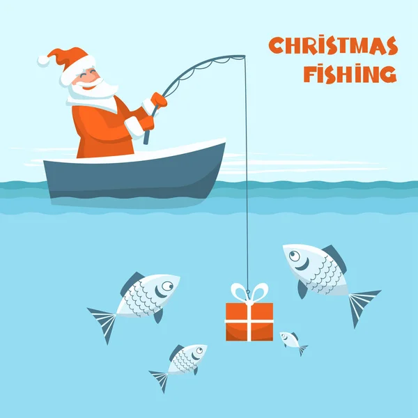 Cartão de pesca de Natal. Papai Noel pesca em seu barco. Vetor — Vetor de Stock