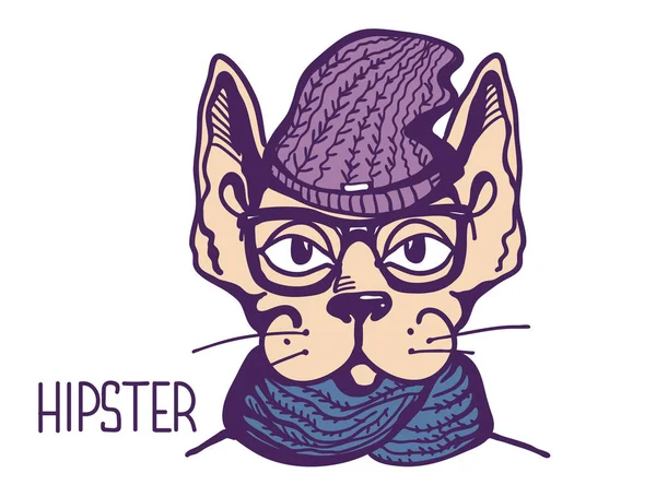 Estilo hipster gato. vector de color imprimible ilustración dibujada a mano — Archivo Imágenes Vectoriales