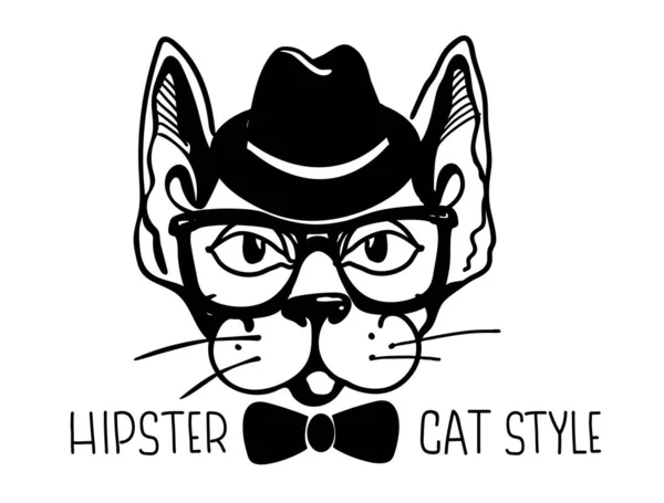 Χίπστερ στυλ γάτας με vintage καπέλο και γυαλιά. διανυσματικό εκτυπώσιμο — Διανυσματικό Αρχείο