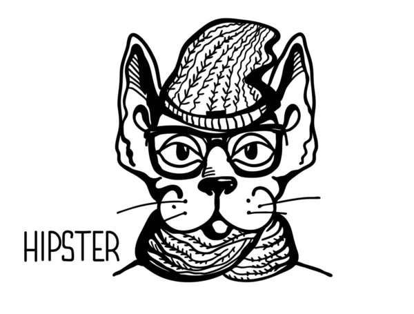 Estilo hipster gato. vector imprimible ilustración dibujada a mano isola — Archivo Imágenes Vectoriales