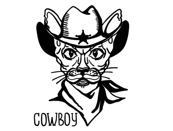 Cat cowboy med västerländsk cowboyhatt och bandanna. Vektortryck — Stock vektor