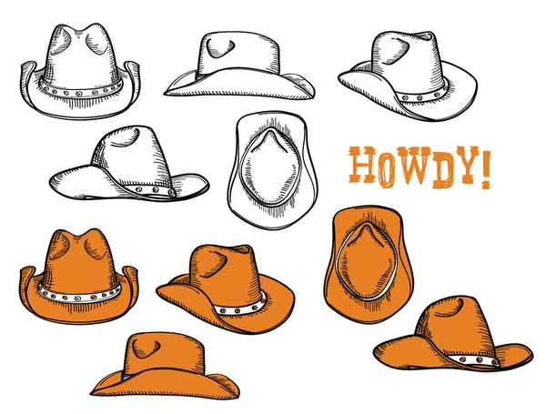 Cappelli da cowboy pronti. Illustrazione grafica disegnata a mano vettoriale isolata — Vettoriale Stock