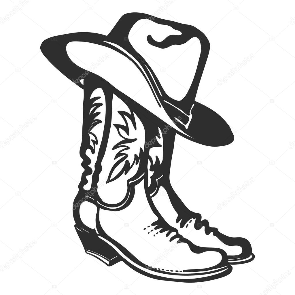 Cowboy boots and hat. Vector graphic illustration isolated on wh