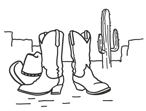 Kovbojské boty a západní klobouk. Divoký západ Arizona pouštní krajina — Stockový vektor
