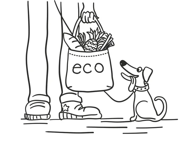 Eko väska. Vektor svart grafisk illustration med eco bag shoppin — Stock vektor