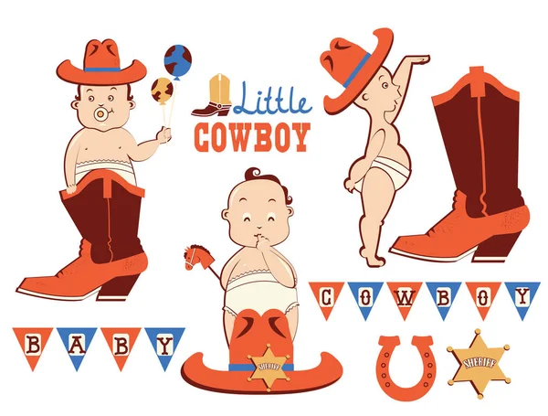Cowboy verjaardagsfeestje set. Cowboy baby met westerse hoed en sherif — Stockvector