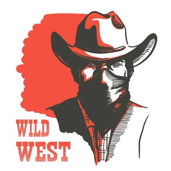 Homem-retrato Wild West Cowboy mascarado de bandanna. Vector Western b —  Vetores de Stock