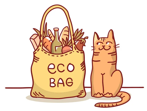 Bolsa ecológica. Ilustración de color vectorial con bolsa ecológica y gato lindo es — Archivo Imágenes Vectoriales