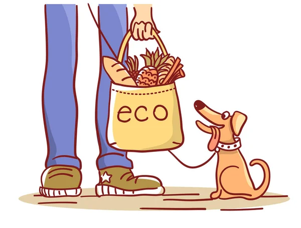 Saco ecológico. Ilustração de cor vetorial com eco saco de compras e cu — Vetor de Stock