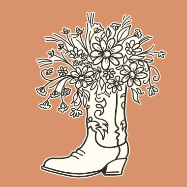 Cowboy boot with Flowers isolated for design. Sketch hand drawn 