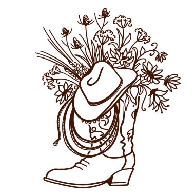 Cowboy boot with Flowers isolated on a white background. Sketch 