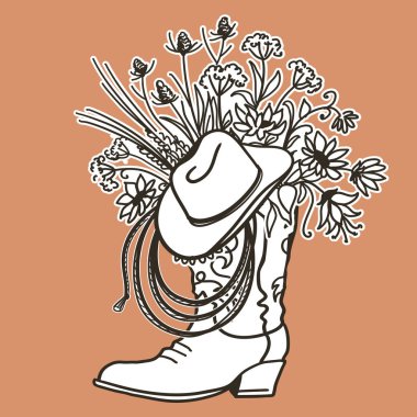 Cowboy boot with Flowers and cowboy hat and lasso decor. Sketch 