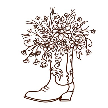 Cowboy boot with Flowers isolated on a white background. Sketch 