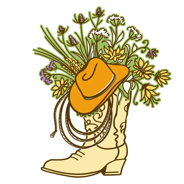 Cowboystiefel mit Blumen und Cowboyhut und Lasso-Dekor. Skizze — Stockvektor