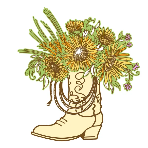 Cowboy boot vase with Flowers isolated on a white background. Sk — ストックベクタ