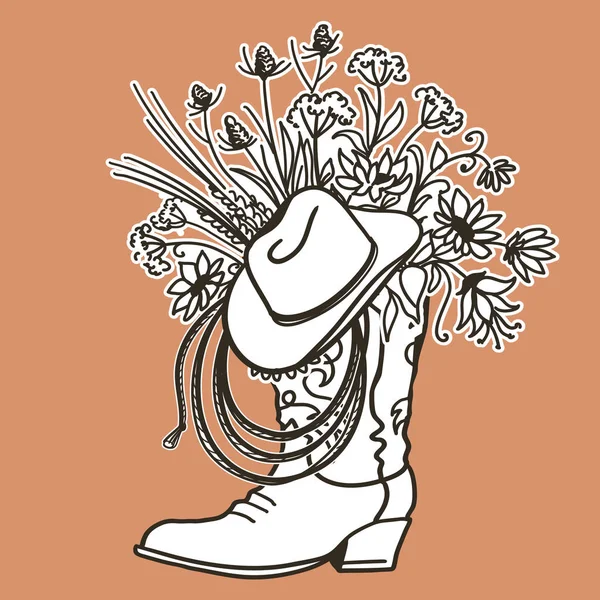 Μπότα καουμπόη με λουλούδια και καουμπόικο καπέλο και διακόσμηση λάσο. Σκίτσο — Διανυσματικό Αρχείο