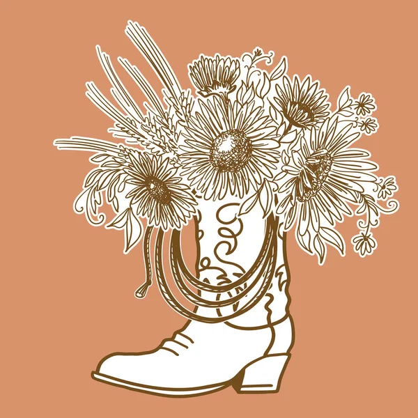 Ковбойський черевик з квітами і ковбойським лассо-декор. Малюнок рукою ескізу — стоковий вектор