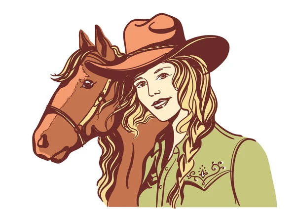 Mulher Com Chapéu Cowboy Retrato Cavalo Cor Vetorial Han Desenhado — Vetor de Stock