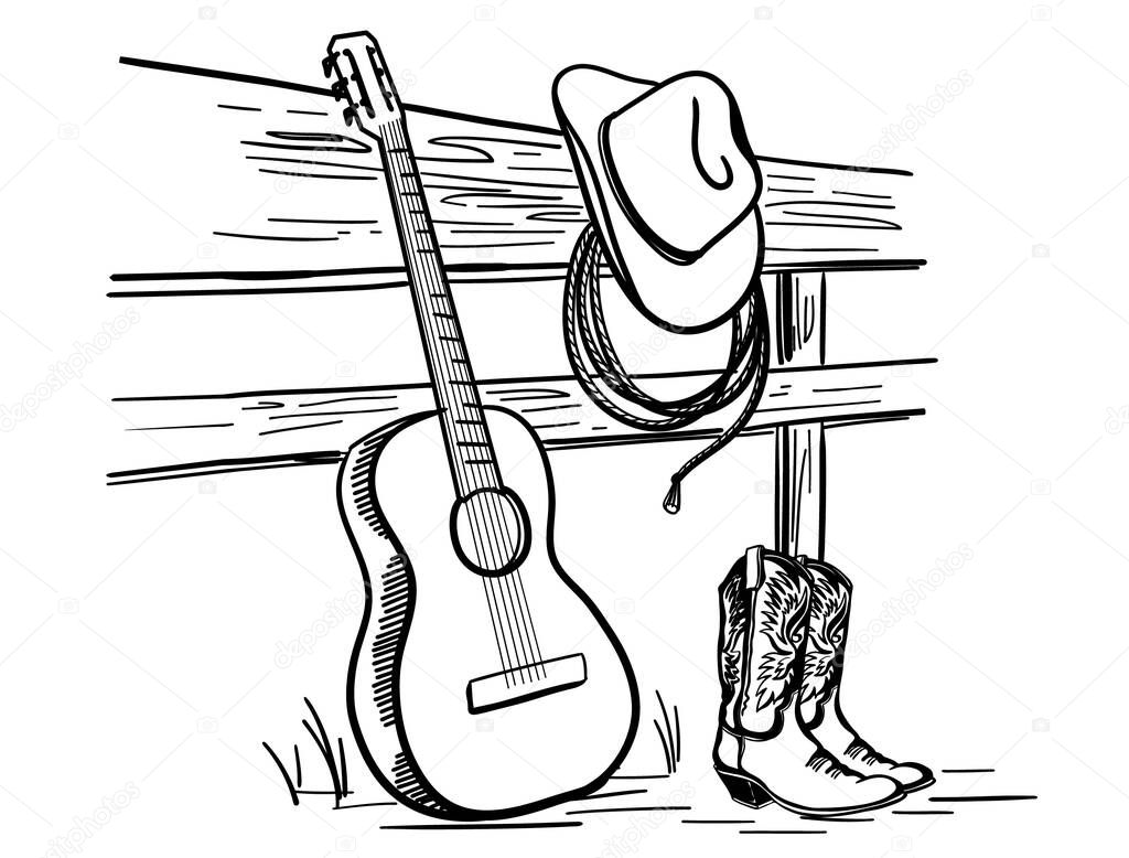 Cowboy Country music with cowboy boots and Western hat. Vector Country with acoustic guitar