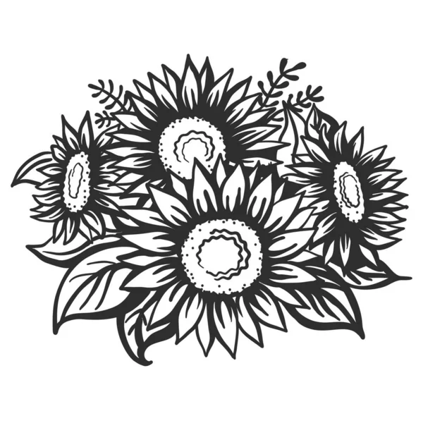 ひまわり ヴィンテージベクトルスケッチひまわり ベクトルカラー印刷可能な花はデザインのための白に隔離 — ストックベクタ