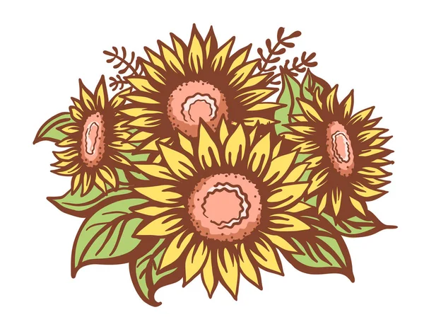 Sunflowers Vintage Vector Sketch Bouquet Sunflowers Vector Color Printable Floral — Stock Vector