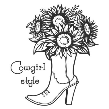 Çiçek buketli ve mesajlı kovboy kız çizmesi. Beyaz ayçiçekli kovboy çizmeleri çizimi. Ülke eğlencesi