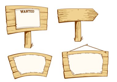 Tahta sokak işaretleri. Beyaz üzerine izole edilmiş metin için eski kağıt içeren eski ahşap tahtaların vektör kümesi