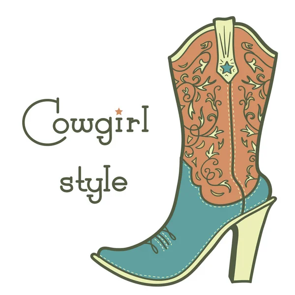 Bota Vaquera Con Patrón Floral Romántico Texto Vintage Damas Vaquero — Vector de stock