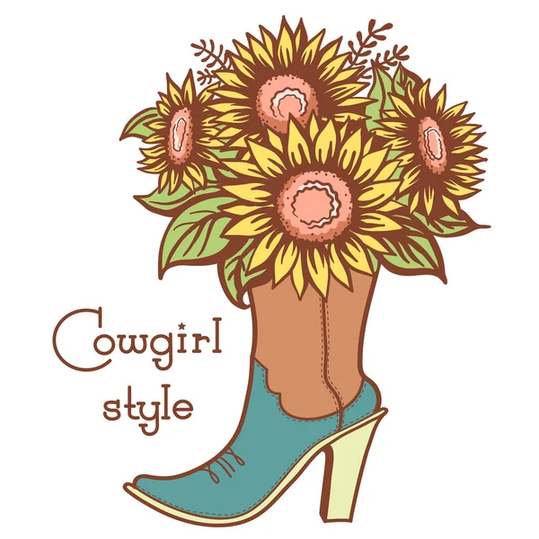 Cowgirl Laars Met Bloemen Boeket Tekst Dames Cowboy Kleur Vector — Stockvector