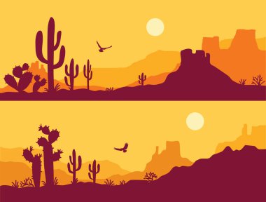 Kaktüslü çöl manzarası. Arizona çöl dağları silueti Vektör doğa yatay arkaplan
