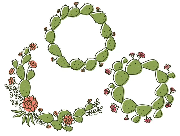 Cactus Floral Frame Cacto Verde Desenhado Mão Com Flores Conjunto — Vetor de Stock