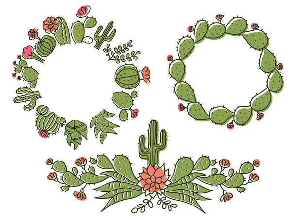 Cactus Floral Frame Set Cactus Dessiné Main Avec Des Fleurs — Image vectorielle