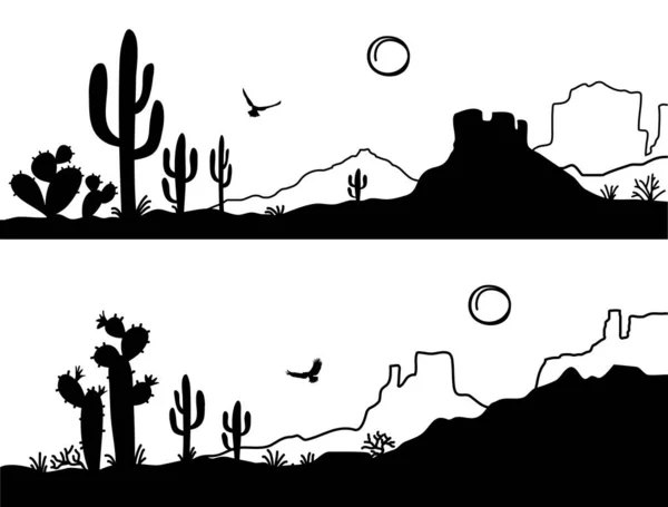 Pustynny Krajobraz Kaktusami Arizona Pustynne Góry Czarna Sylwetka Odizolowana Białym — Wektor stockowy