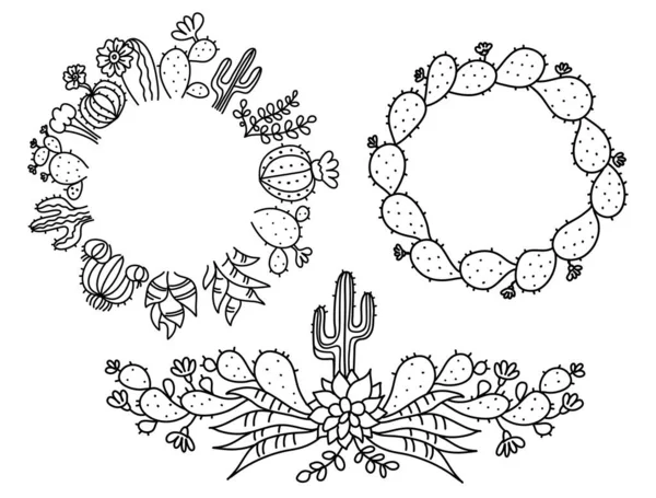 Cactus Floral Frame Set Cactus Dessiné Main Avec Des Fleurs — Image vectorielle