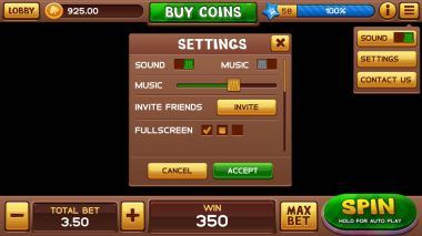 Slot oyunu için ayarları ekranı