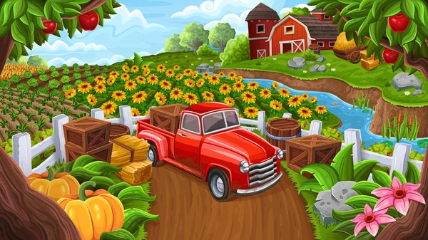 Background with car in farm style — Stock Vector