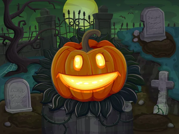 La citrouille d'Halloween sourit. Sur fond de cimetière — Image vectorielle