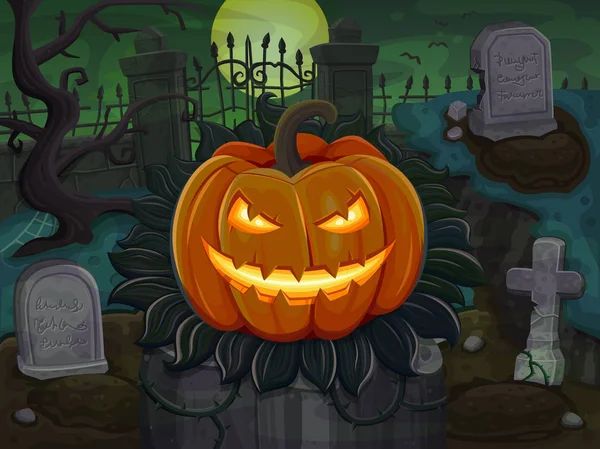 Halloween pumpkin is smiling. On cemetery background — Stock Vector