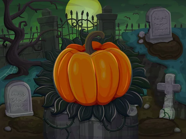 Halloween pumpkin. On cemetery background — Stock Vector