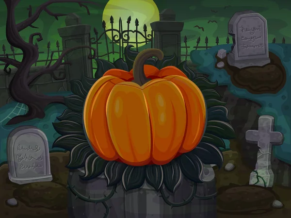 Dovleac de Halloween. Pe fundal cimitir — Vector de stoc