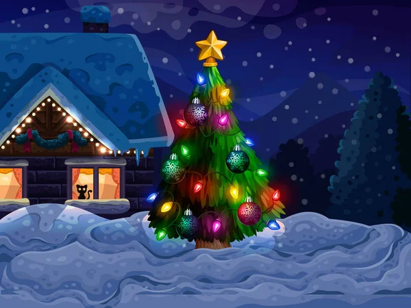 Σπίτι με χριστουγεννιάτικο δέντρο και χιόνι — Διανυσματικό Αρχείο