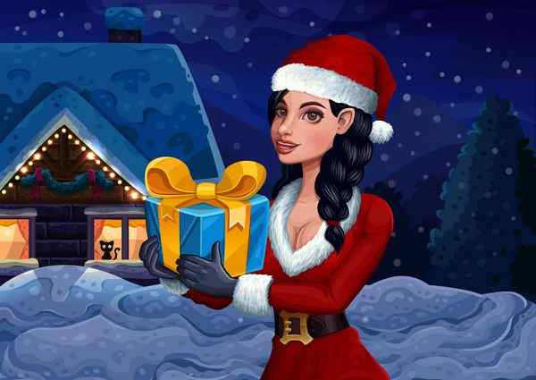 Рождественская девушка с подарком на зимнем фоне — стоковый вектор