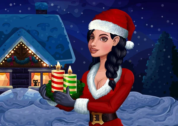 Різдвяна дівчина зі свічками на зимовому фоні — стоковий вектор