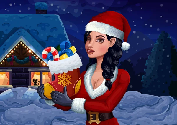 Vánoční dívka s ponožku na zimní pozadí — Stockový vektor