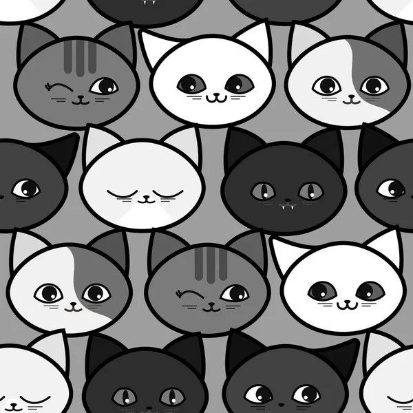 Seamless pattern with funny cats. Black and white — Stock Vector